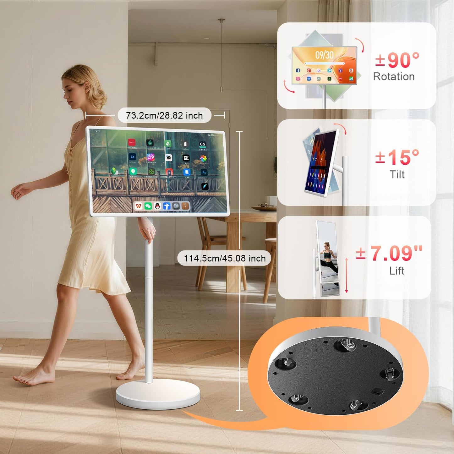 32 Inch FHD Smart Portable TV, Rolling TV on Wheels,8G +128GB Storage, Android 15 Os,Google Edla-Certified,Portable Touch Screen Monitor,38400Mah Battery,Removable 500W Camera