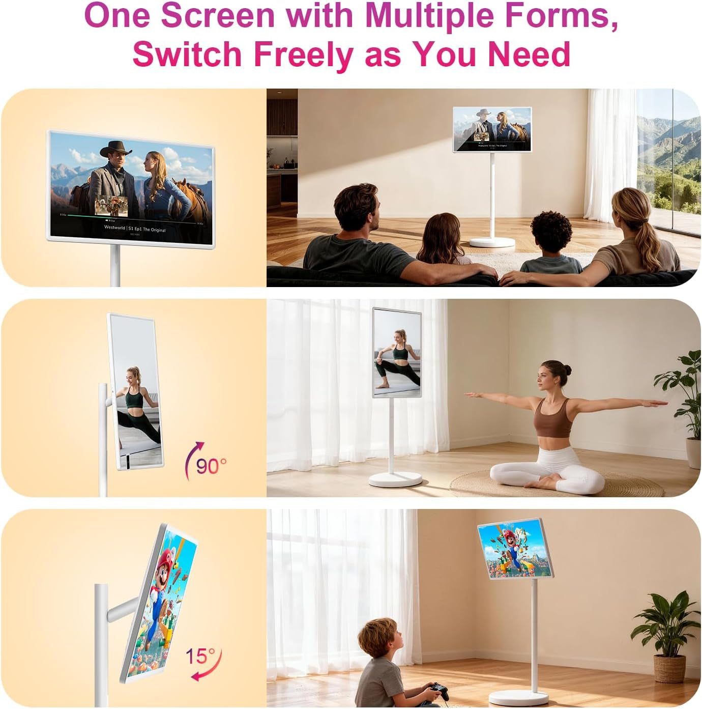 32 Inch FHD Smart Portable TV, Rolling TV on Wheels,8G +128GB Storage, Android 15 Os,Google Edla-Certified,Portable Touch Screen Monitor,38400Mah Battery,Removable 500W Camera