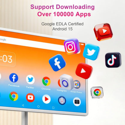 32 Inch FHD Smart Portable TV, Rolling TV on Wheels,8G +128GB Storage, Android 15 Os,Google Edla-Certified,Portable Touch Screen Monitor,38400Mah Battery,Removable 500W Camera