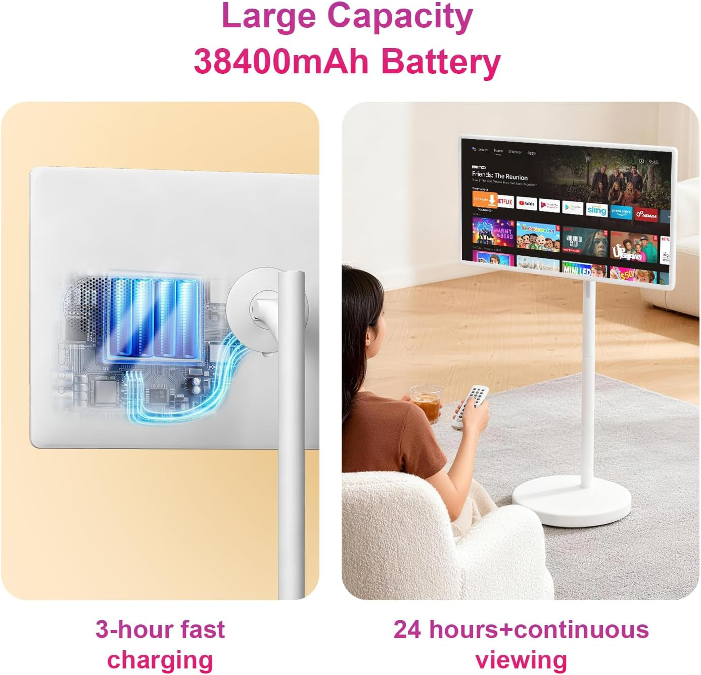 32 Inch FHD Smart Portable TV, Rolling TV on Wheels,8G +128GB Storage, Android 15 Os,Google Edla-Certified,Portable Touch Screen Monitor,38400Mah Battery,Removable 500W Camera