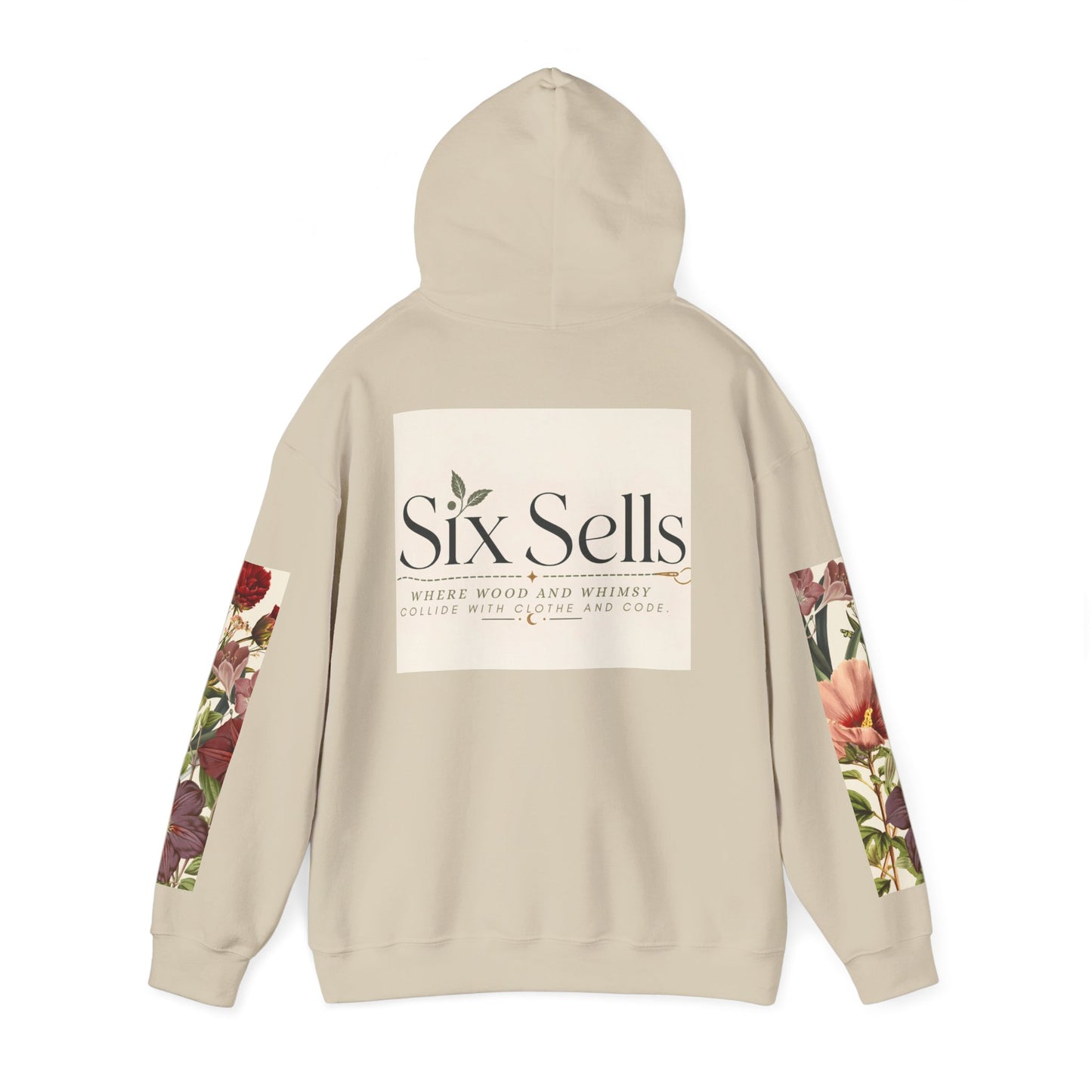 Floral 'Six Sells' Logo Hoodie — Women's Boutique Floral Sleeve Hooded Sweatshirt