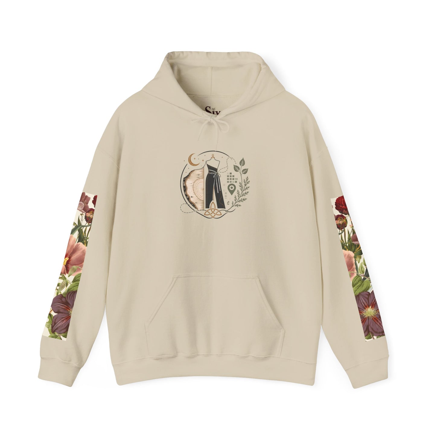 Floral 'Six Sells' Logo Hoodie — Women's Boutique Floral Sleeve Hooded Sweatshirt