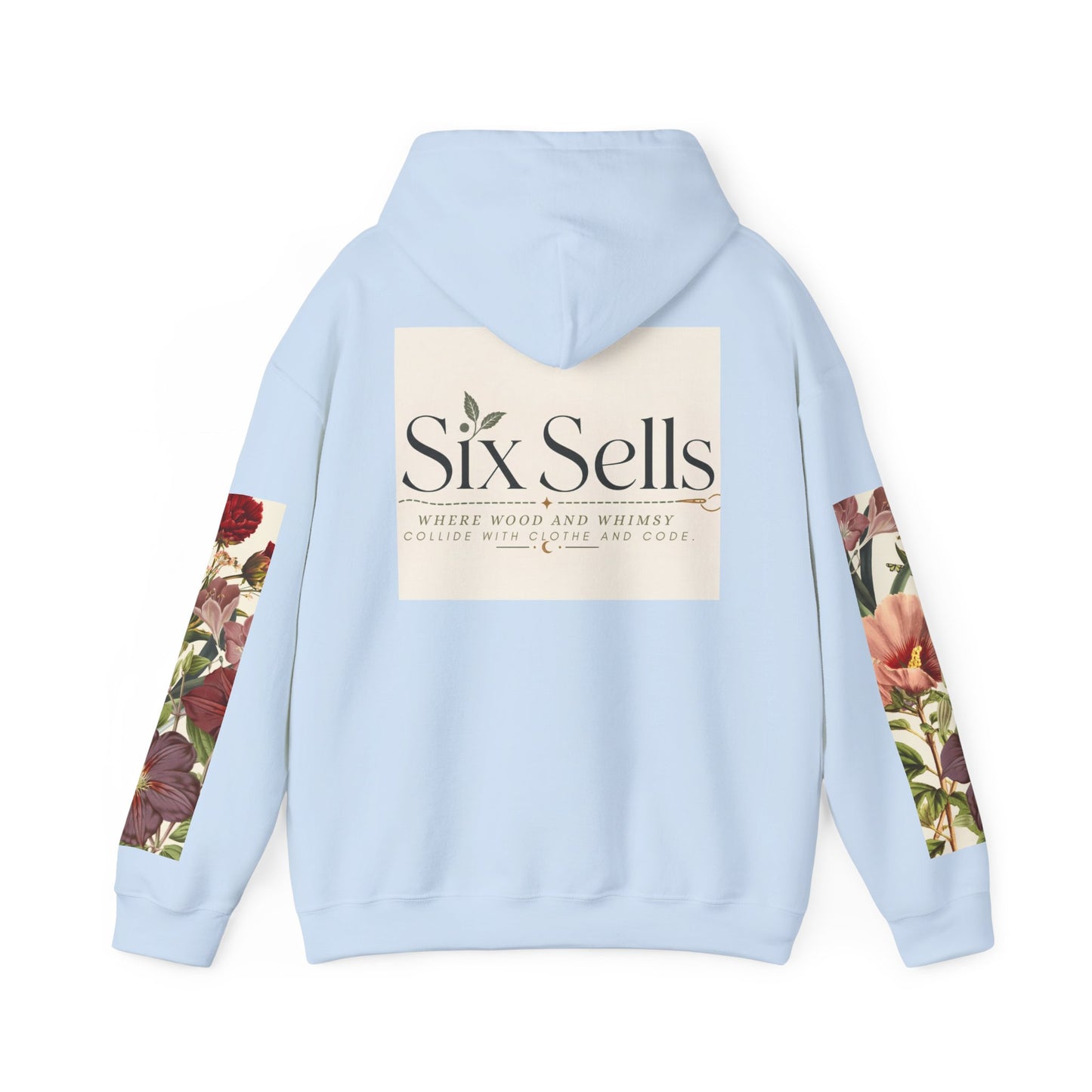 Floral 'Six Sells' Logo Hoodie — Women's Boutique Floral Sleeve Hooded Sweatshirt