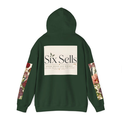 Floral 'Six Sells' Logo Hoodie — Women's Boutique Floral Sleeve Hooded Sweatshirt