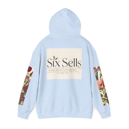 Floral 'Six Sells' Logo Hoodie — Women's Boutique Floral Sleeve Hooded Sweatshirt