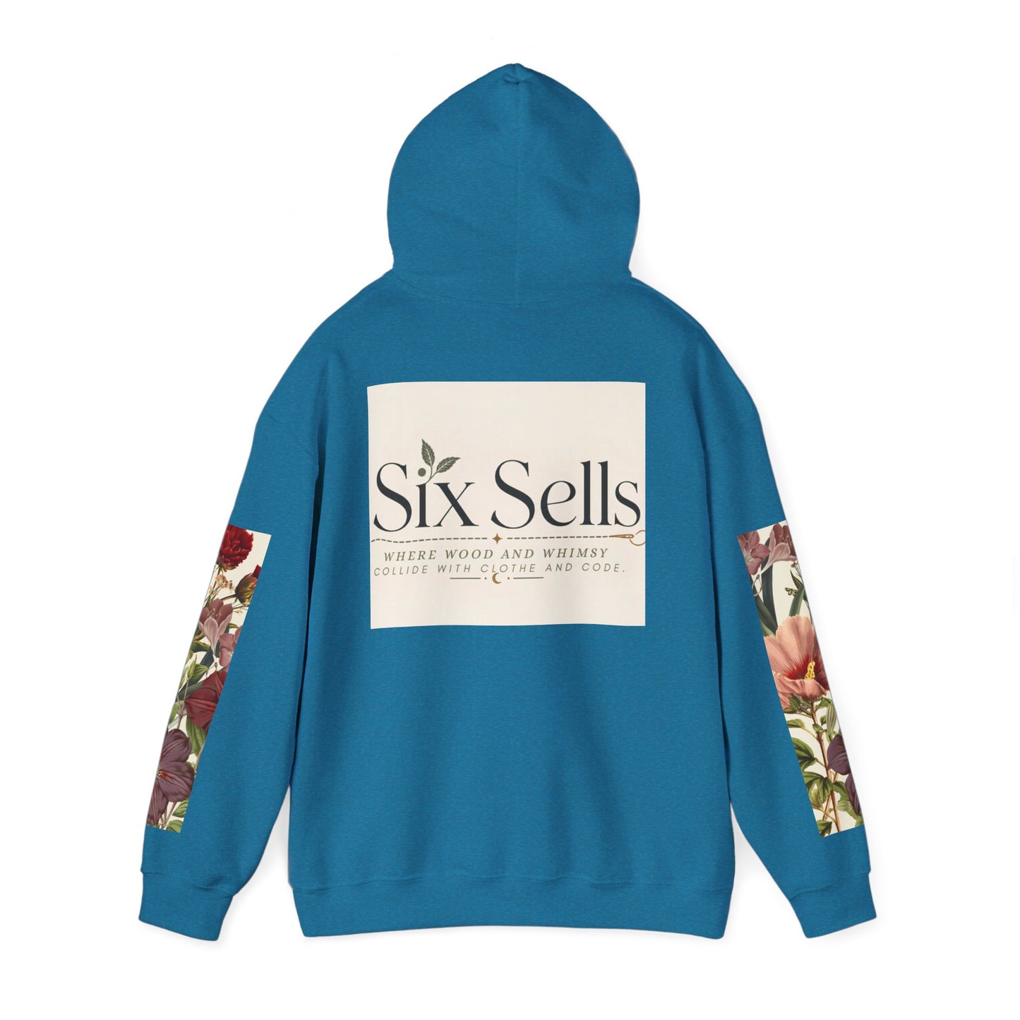 Floral 'Six Sells' Logo Hoodie — Women's Boutique Floral Sleeve Hooded Sweatshirt