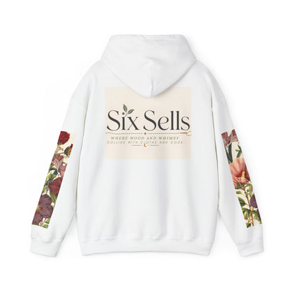Floral 'Six Sells' Logo Hoodie — Women's Boutique Floral Sleeve Hooded Sweatshirt
