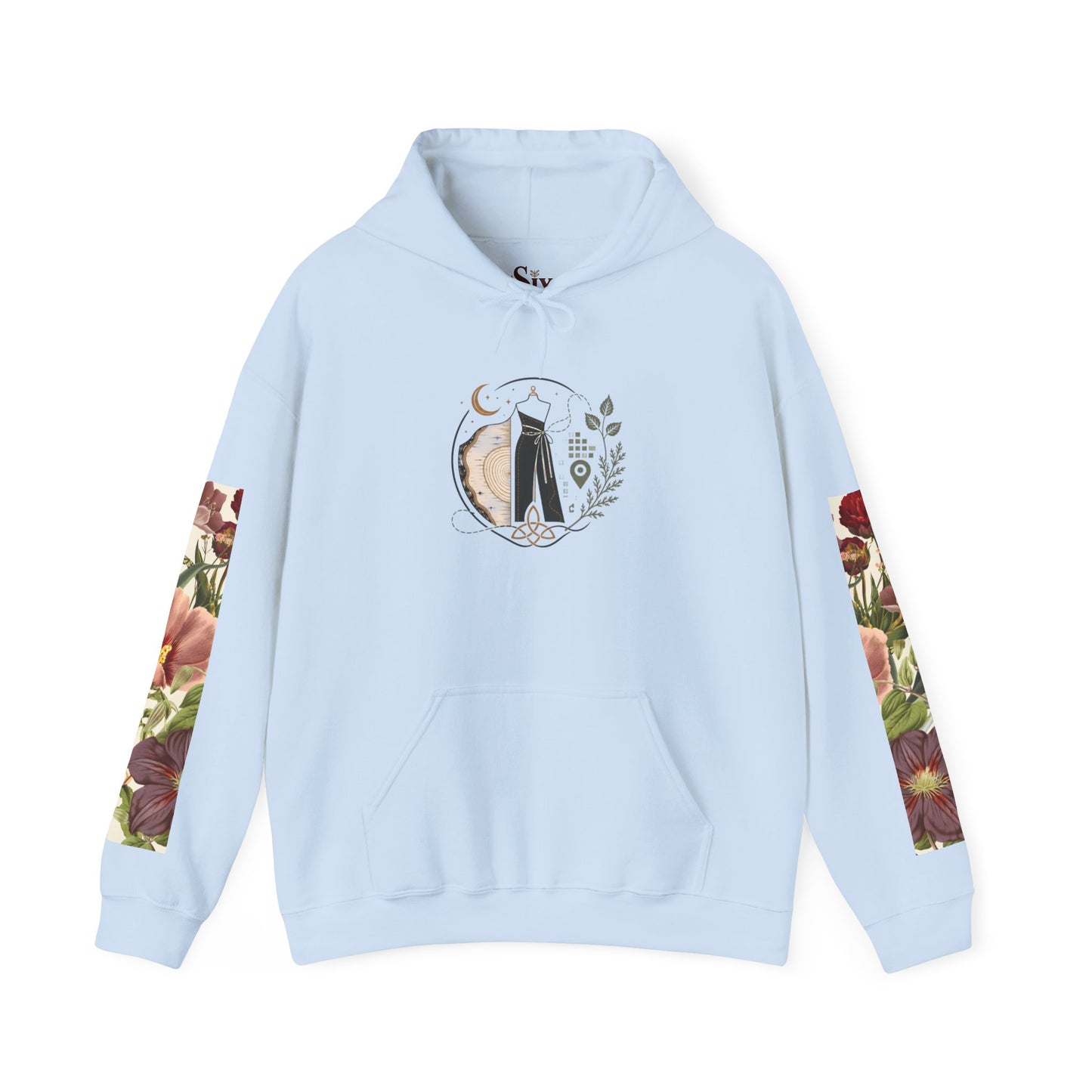 Floral 'Six Sells' Logo Hoodie — Women's Boutique Floral Sleeve Hooded Sweatshirt