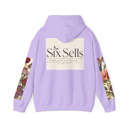 Floral 'Six Sells' Logo Hoodie — Women's Boutique Floral Sleeve Hooded Sweatshirt