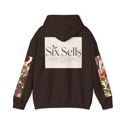 Floral 'Six Sells' Logo Hoodie — Women's Boutique Floral Sleeve Hooded Sweatshirt