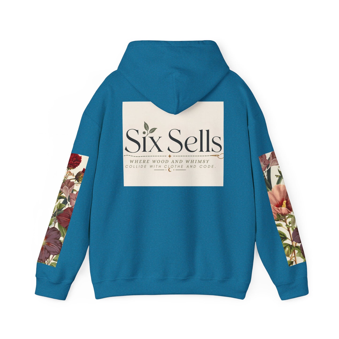 Floral 'Six Sells' Logo Hoodie — Women's Boutique Floral Sleeve Hooded Sweatshirt