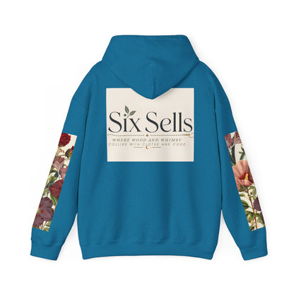 Floral 'Six Sells' Logo Hoodie — Women's Boutique Floral Sleeve Hooded Sweatshirt