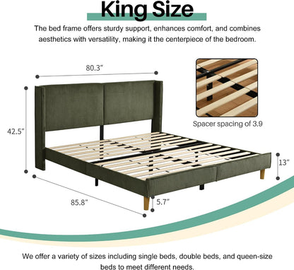 Upholstered Bed Frame with Velvet Upholstered Headboard, No Springs, Easy to Assemble, Strong Wooden Slats, Non-Slip and No Noise (Turtle, King (U.S. Standard))