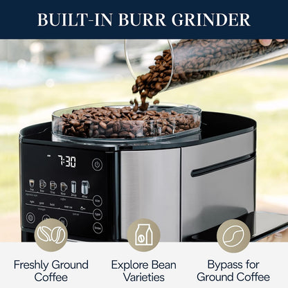 Truebrew Drip Coffee Maker, Built in Grinder, Single Serve, 8 Oz to 24 Oz with 40 Oz Carafe, Hot or Iced Coffee, Stainless,Cam51035M