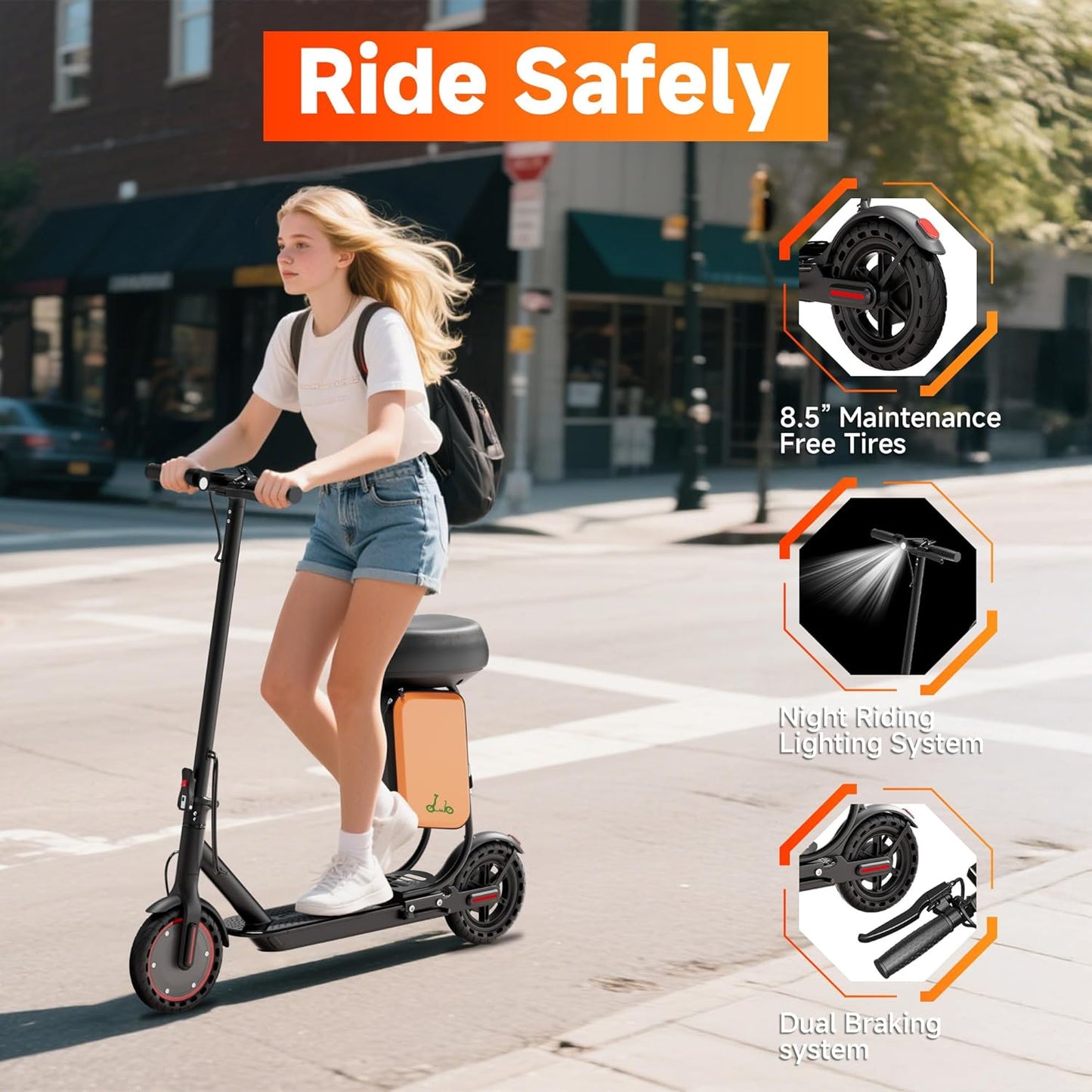 Electric Scooter for Adults with Seat, 350W Motor, 34 KM/H Max Range, 19Mph Top Speed, Foldable Commuter E Scooter for Adults and Teens