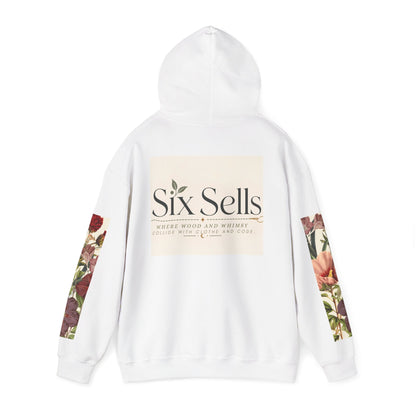 Floral 'Six Sells' Logo Hoodie — Women's Boutique Floral Sleeve Hooded Sweatshirt