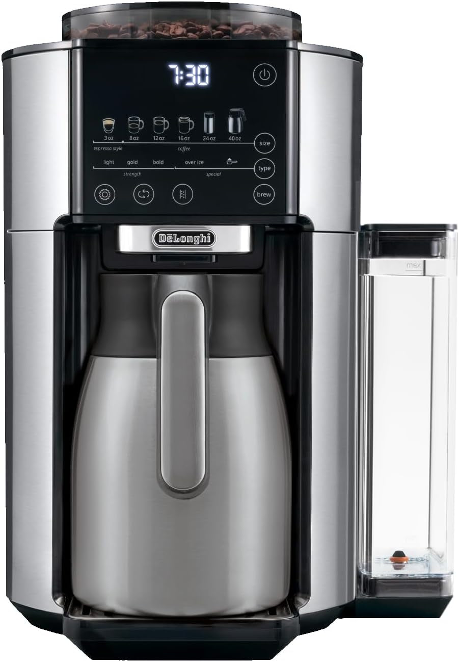 Truebrew Drip Coffee Maker, Built in Grinder, Single Serve, 8 Oz to 24 Oz with 40 Oz Carafe, Hot or Iced Coffee, Stainless,Cam51035M