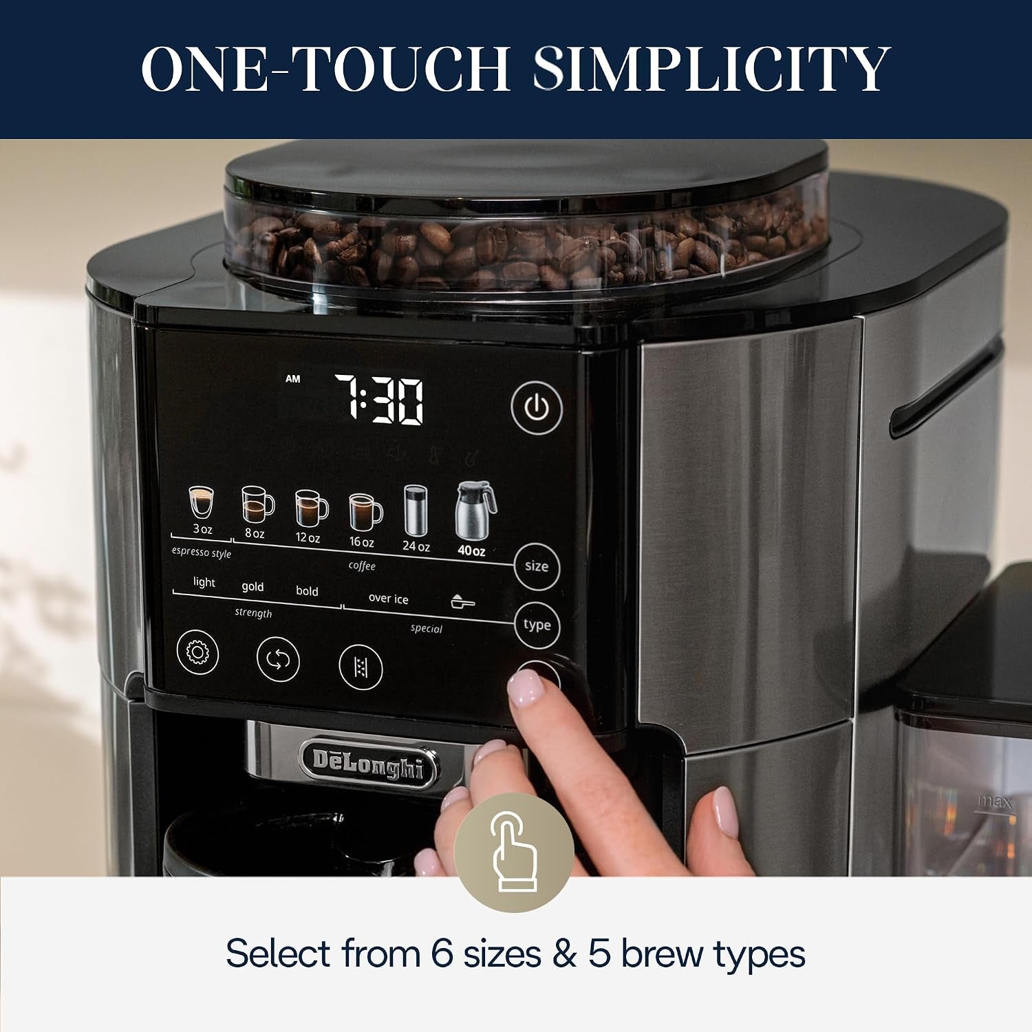 Truebrew Drip Coffee Maker, Built in Grinder, Single Serve, 8 Oz to 24 Oz with 40 Oz Carafe, Hot or Iced Coffee, Stainless,Cam51035M