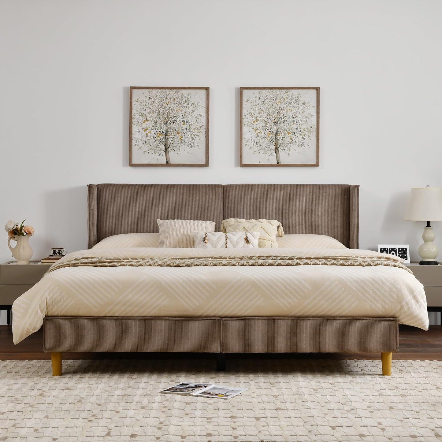 Upholstered Bed Frame with Velvet Upholstered Headboard, No Springs, Easy to Assemble, Strong Wooden Slats, Non-Slip and No Noise (Mink, King (U.S. Standard))