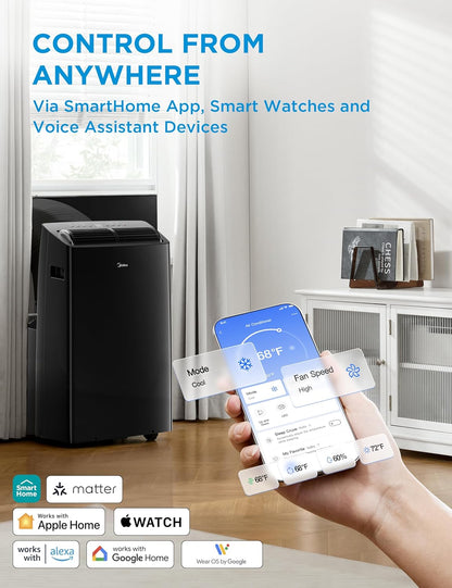 Duo 14,000 BTU (12,000 BTU SACC) HE Inverter Ultra Quiet Portable Air Conditioner, Cools up to 550 Sq. Ft, Works with Alexa/Google Assistant, Includes Remote Control & Window Kit, Black