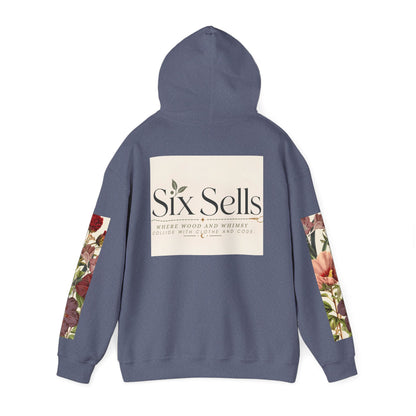 Floral 'Six Sells' Logo Hoodie — Women's Boutique Floral Sleeve Hooded Sweatshirt