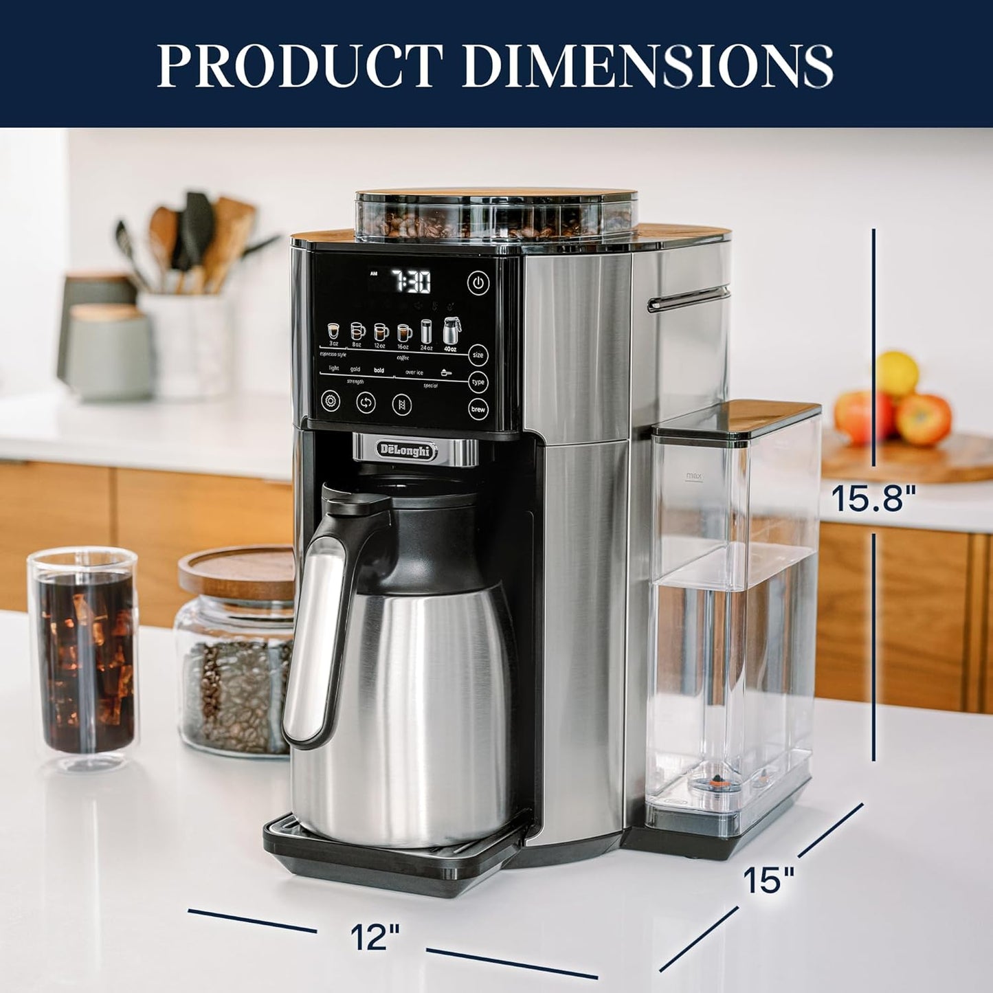 Truebrew Drip Coffee Maker, Built in Grinder, Single Serve, 8 Oz to 24 Oz with 40 Oz Carafe, Hot or Iced Coffee, Stainless,Cam51035M