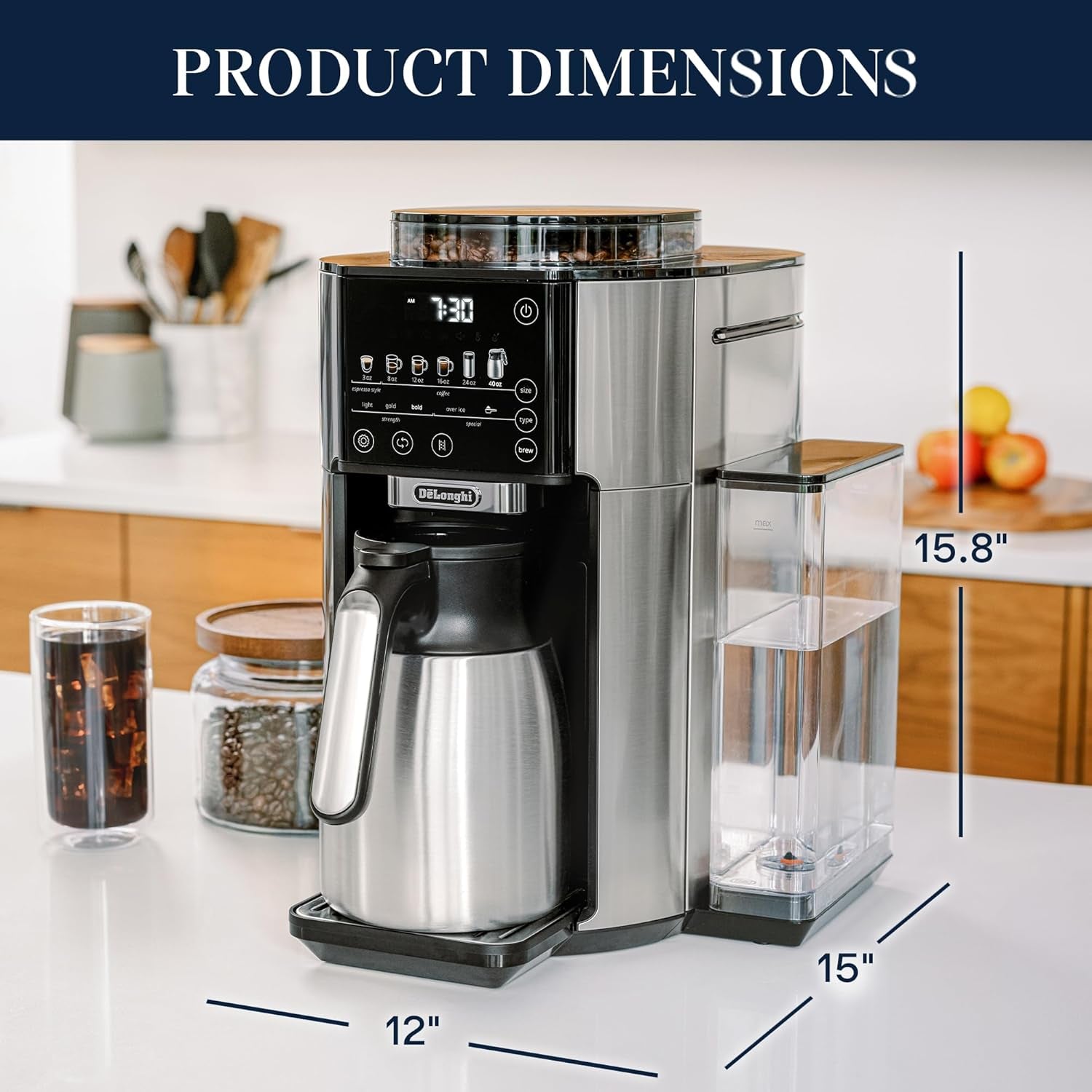 Truebrew Drip Coffee Maker, Built in Grinder, Single Serve, 8 Oz to 24 Oz with 40 Oz Carafe, Hot or Iced Coffee, Stainless,Cam51035M