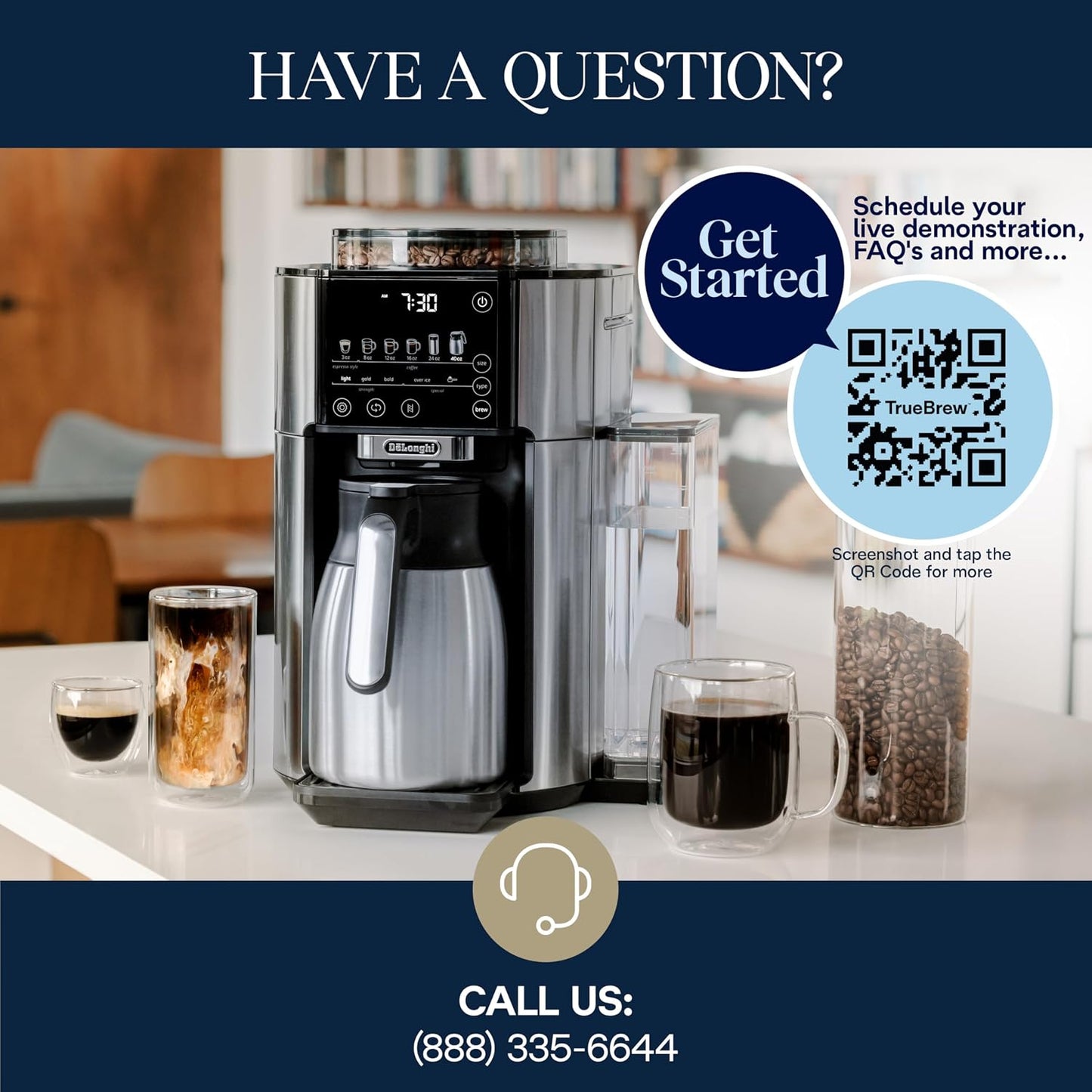 Truebrew Drip Coffee Maker, Built in Grinder, Single Serve, 8 Oz to 24 Oz with 40 Oz Carafe, Hot or Iced Coffee, Stainless,Cam51035M