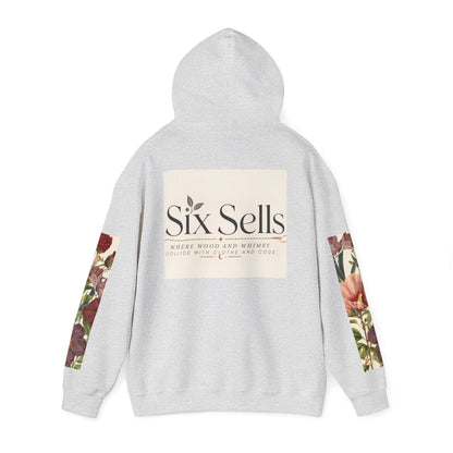 Floral 'Six Sells' Logo Hoodie — Women's Boutique Floral Sleeve Hooded Sweatshirt