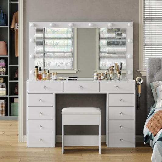 11 Drawers Vanity Desk with Power Outlet, Makeup Vanity with Mirror and 12 LED Lights, 3 Lighting Modes, Vanity Set, Glass Top, Dressing Table for Bedroom,Dressing Room, White