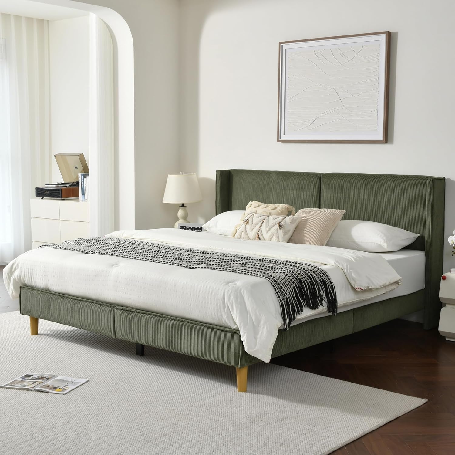 Upholstered Bed Frame with Velvet Upholstered Headboard, No Springs, Easy to Assemble, Strong Wooden Slats, Non-Slip and No Noise (Turtle, King (U.S. Standard))