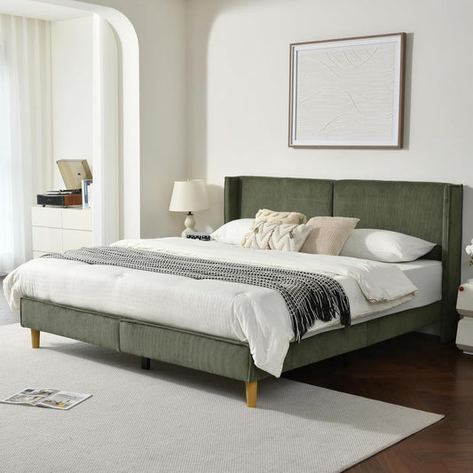 Upholstered Bed Frame with Velvet Upholstered Headboard, No Springs, Easy to Assemble, Strong Wooden Slats, Non-Slip and No Noise (Turtle, King (U.S. Standard))