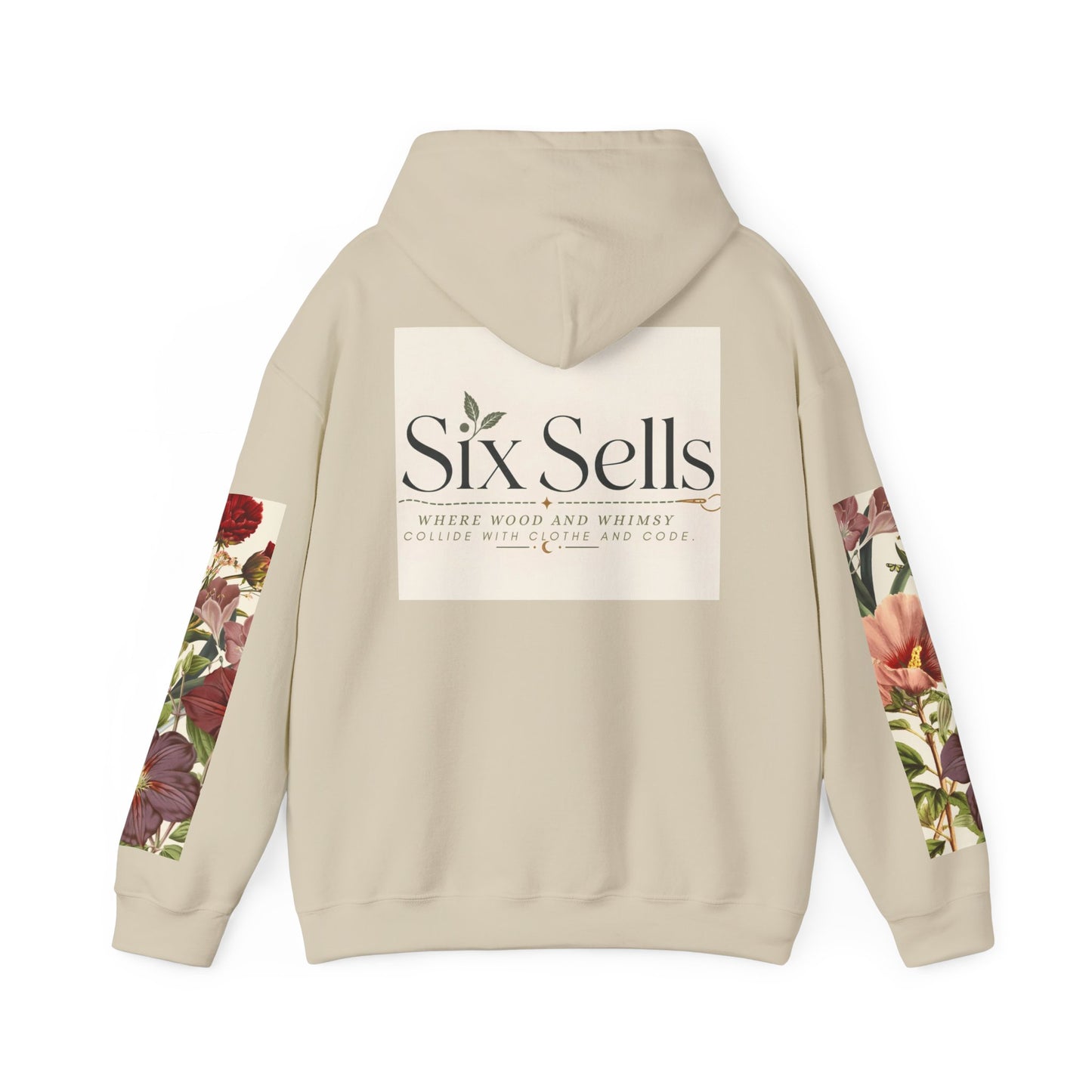 Floral 'Six Sells' Logo Hoodie — Women's Boutique Floral Sleeve Hooded Sweatshirt