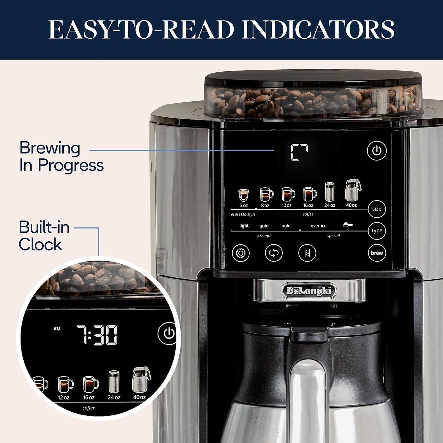 Truebrew Drip Coffee Maker, Built in Grinder, Single Serve, 8 Oz to 24 Oz with 40 Oz Carafe, Hot or Iced Coffee, Stainless,Cam51035M
