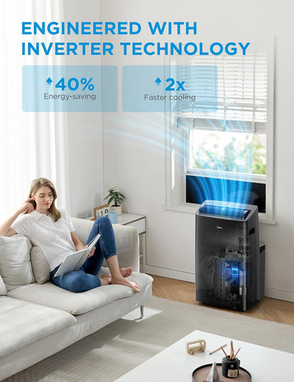 Duo 14,000 BTU (12,000 BTU SACC) HE Inverter Ultra Quiet Portable Air Conditioner, Cools up to 550 Sq. Ft, Works with Alexa/Google Assistant, Includes Remote Control & Window Kit, Black