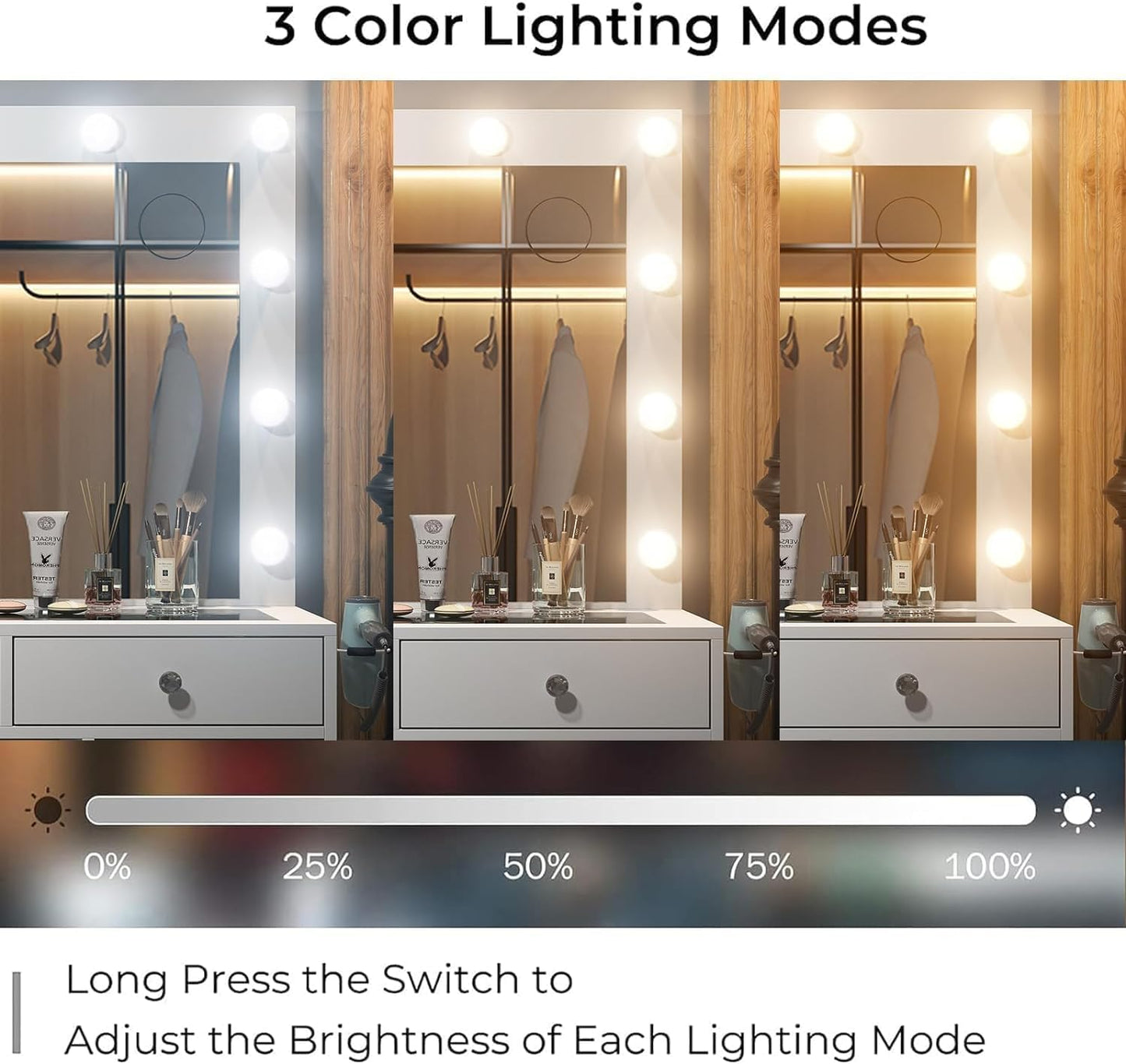 11 Drawers Vanity Desk with Power Outlet, Makeup Vanity with Mirror and 12 LED Lights, 3 Lighting Modes, Vanity Set, Glass Top, Dressing Table for Bedroom,Dressing Room, White