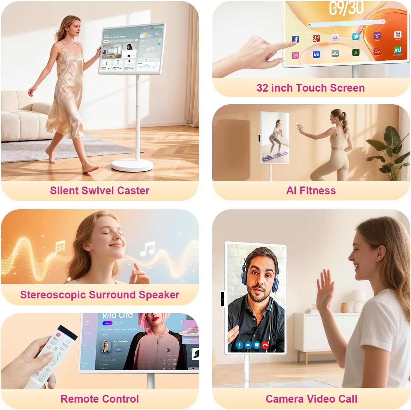 32 Inch FHD Smart Portable TV, Rolling TV on Wheels,8G +128GB Storage, Android 15 Os,Google Edla-Certified,Portable Touch Screen Monitor,38400Mah Battery,Removable 500W Camera