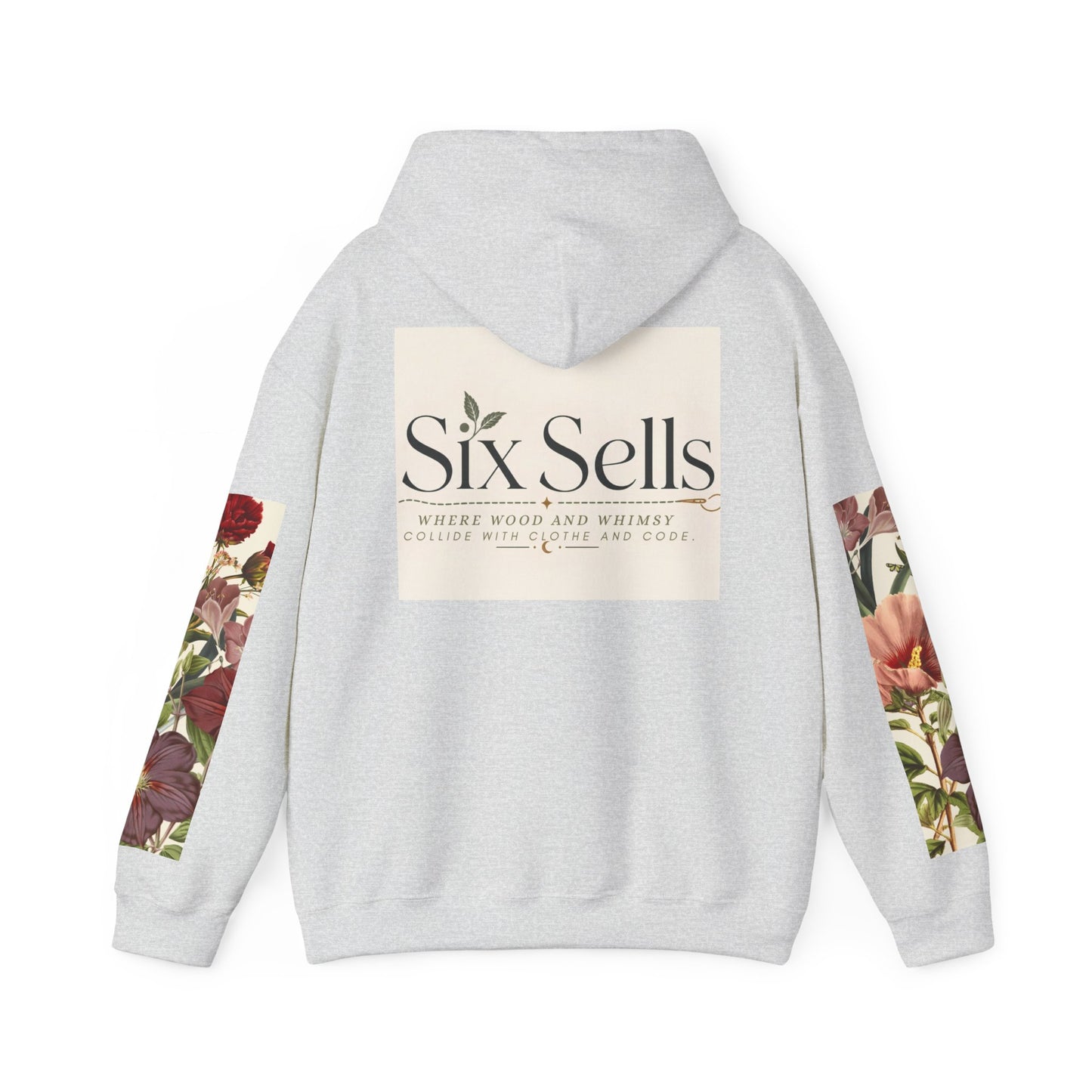 Floral 'Six Sells' Logo Hoodie — Women's Boutique Floral Sleeve Hooded Sweatshirt