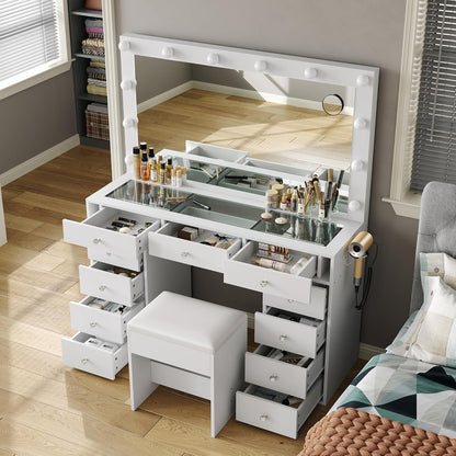 11 Drawers Vanity Desk with Power Outlet, Makeup Vanity with Mirror and 12 LED Lights, 3 Lighting Modes, Vanity Set, Glass Top, Dressing Table for Bedroom,Dressing Room, White