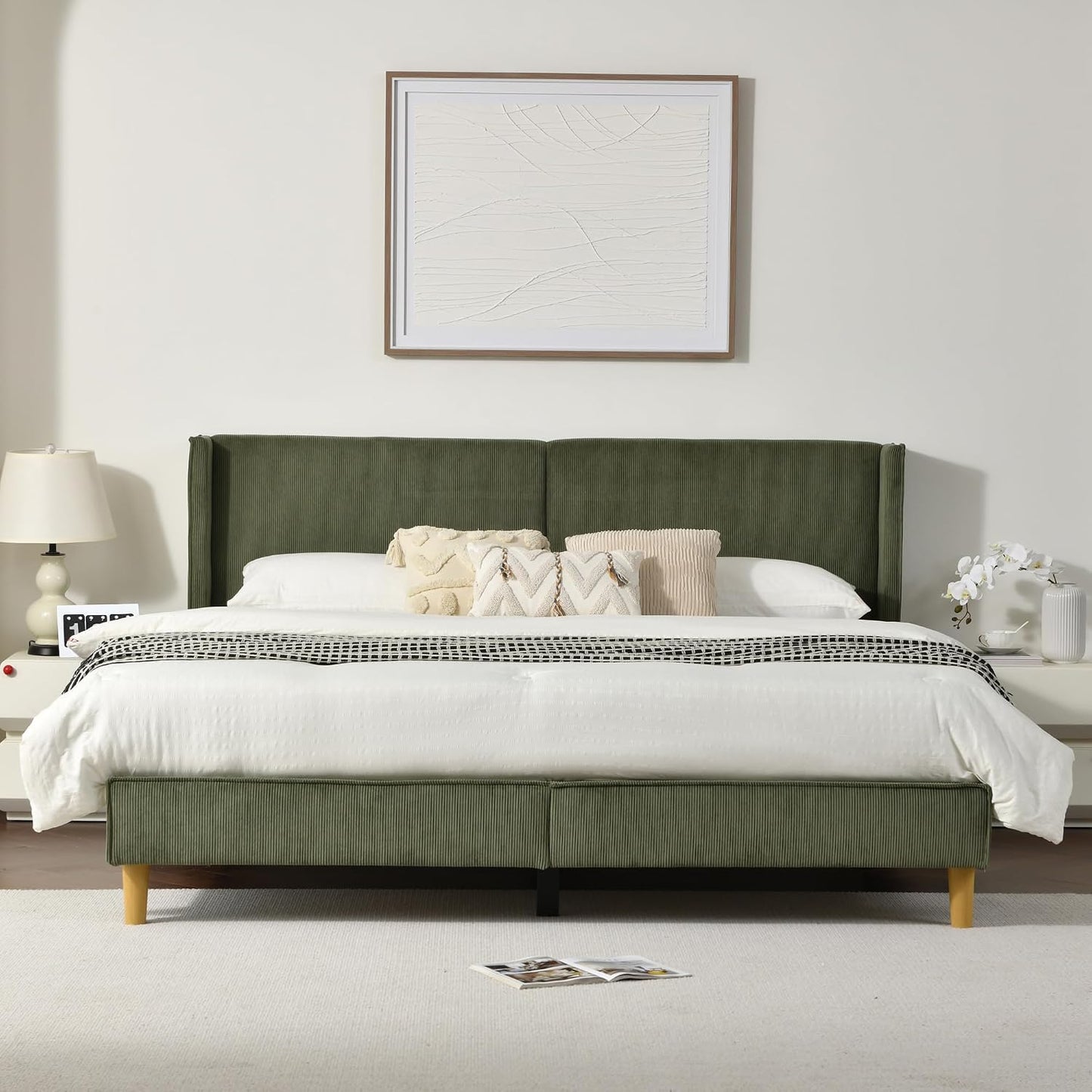Upholstered Bed Frame with Velvet Upholstered Headboard, No Springs, Easy to Assemble, Strong Wooden Slats, Non-Slip and No Noise (Turtle, King (U.S. Standard))