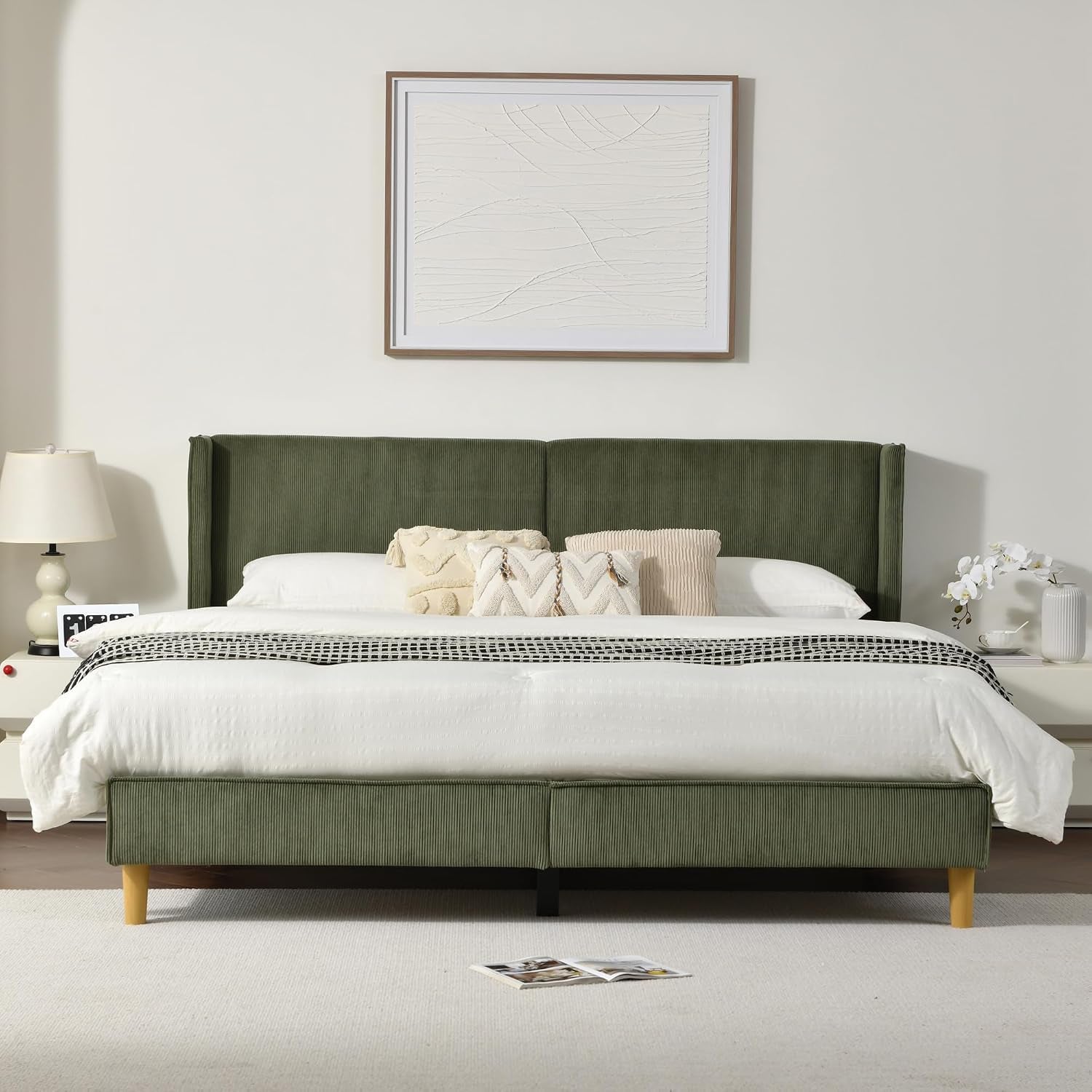 Upholstered Bed Frame with Velvet Upholstered Headboard, No Springs, Easy to Assemble, Strong Wooden Slats, Non-Slip and No Noise (Turtle, King (U.S. Standard))