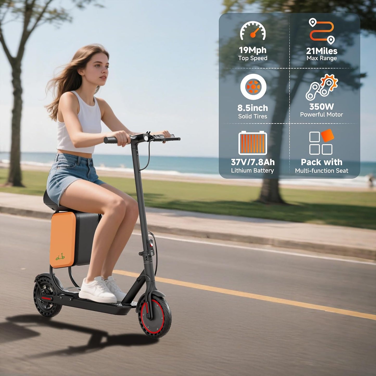 Electric Scooter for Adults with Seat, 350W Motor, 34 KM/H Max Range, 19Mph Top Speed, Foldable Commuter E Scooter for Adults and Teens