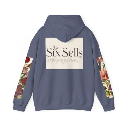 Floral 'Six Sells' Logo Hoodie — Women's Boutique Floral Sleeve Hooded Sweatshirt