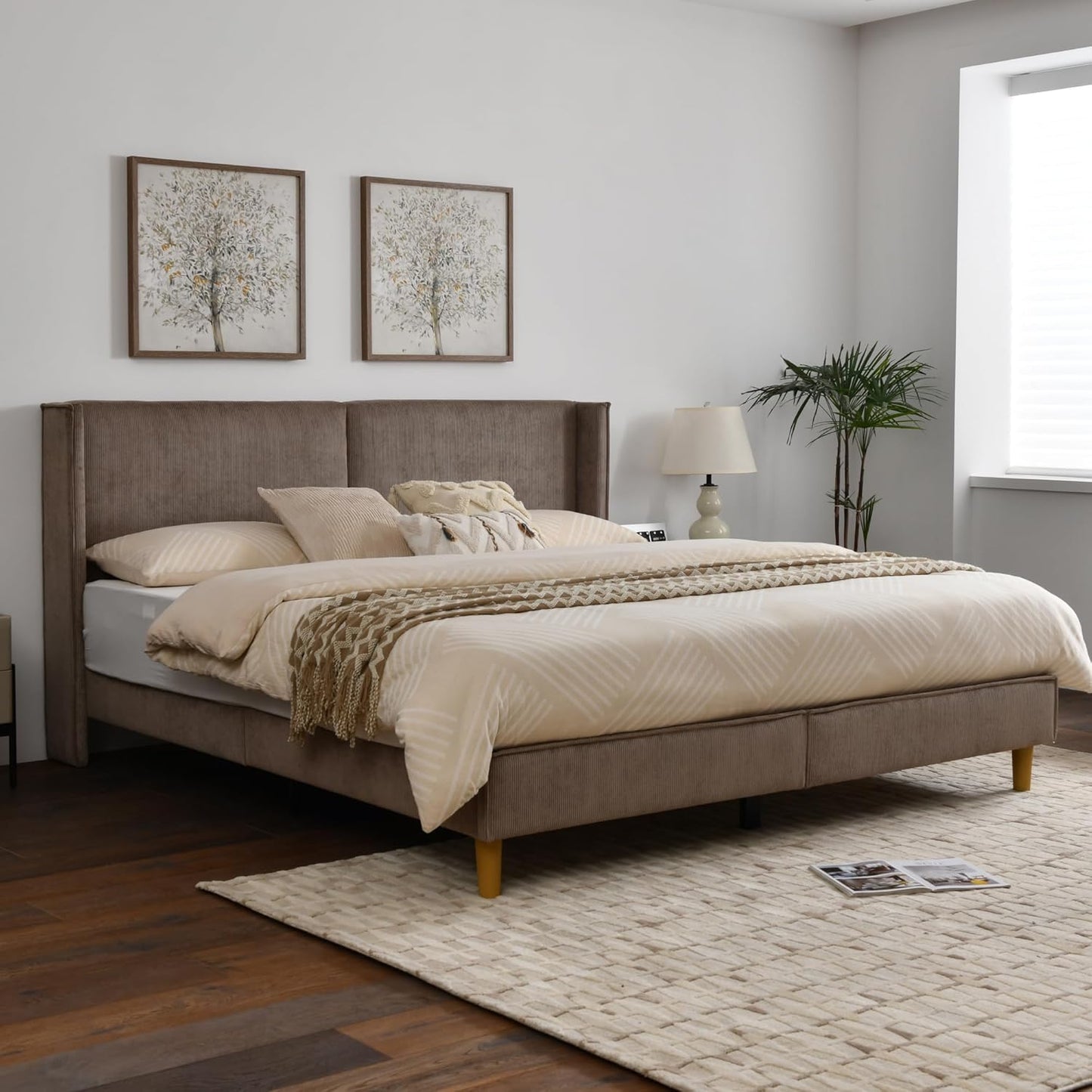 Upholstered Bed Frame with Velvet Upholstered Headboard, No Springs, Easy to Assemble, Strong Wooden Slats, Non-Slip and No Noise (Mink, King (U.S. Standard))