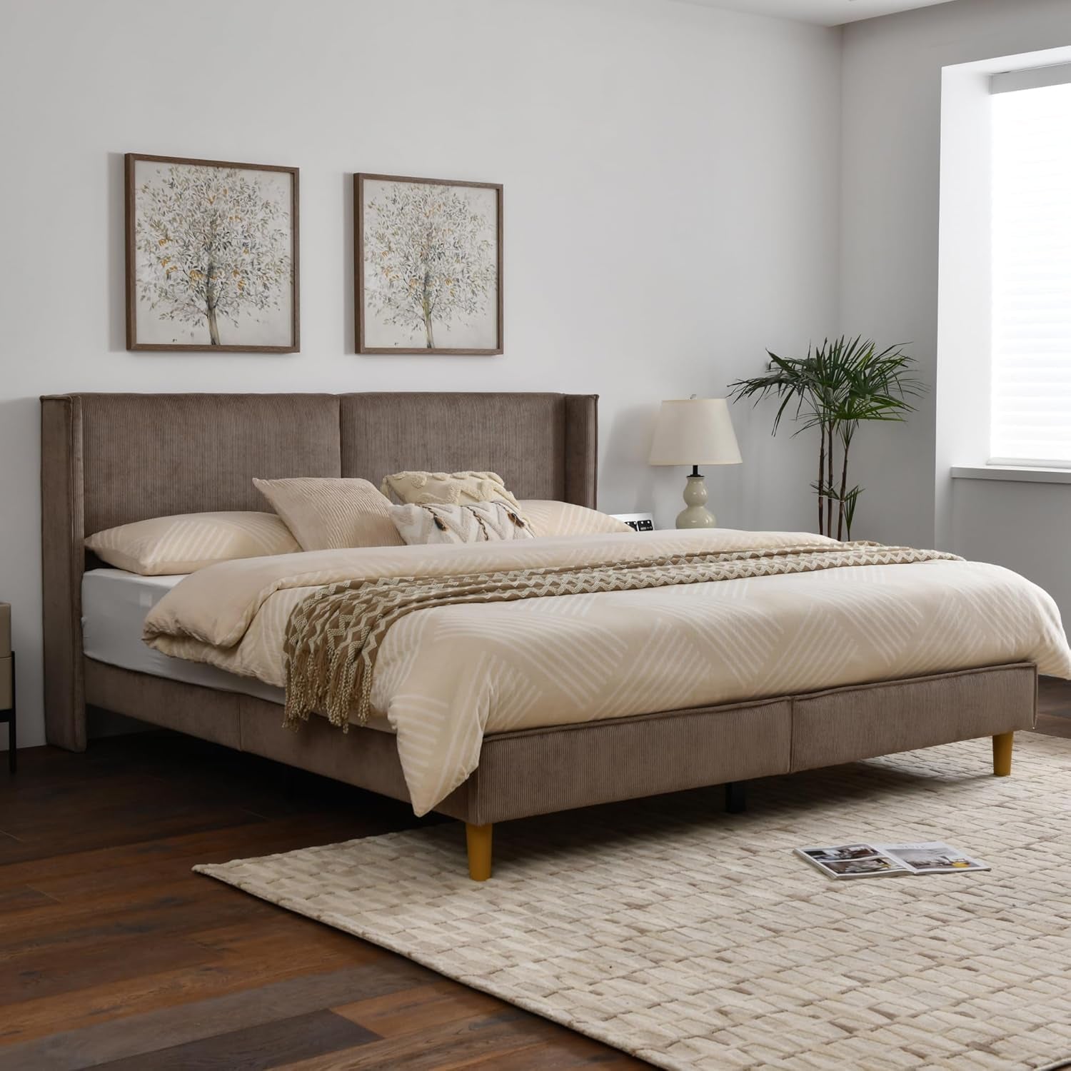 Upholstered Bed Frame with Velvet Upholstered Headboard, No Springs, Easy to Assemble, Strong Wooden Slats, Non-Slip and No Noise (Mink, King (U.S. Standard))
