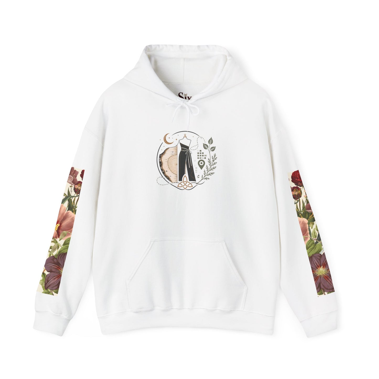 Floral 'Six Sells' Logo Hoodie — Women's Boutique Floral Sleeve Hooded Sweatshirt