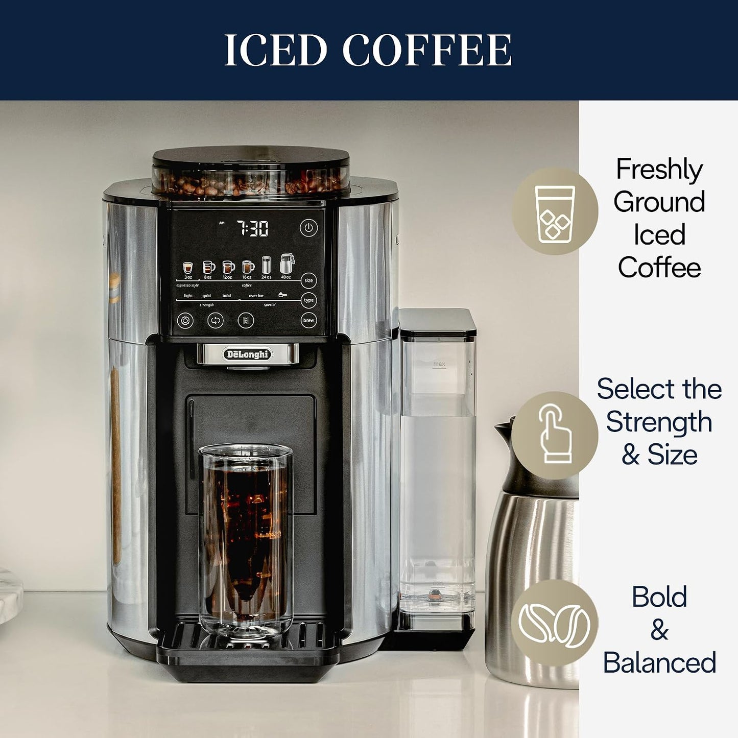 Truebrew Drip Coffee Maker, Built in Grinder, Single Serve, 8 Oz to 24 Oz with 40 Oz Carafe, Hot or Iced Coffee, Stainless,Cam51035M
