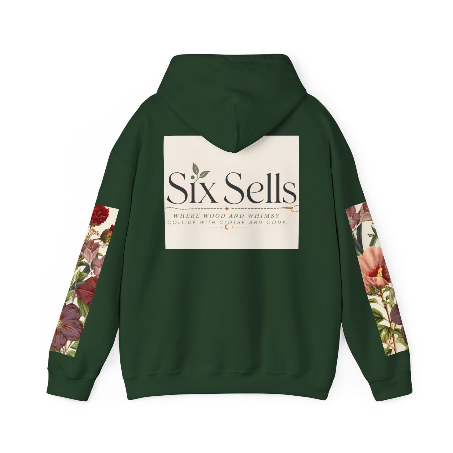 Floral 'Six Sells' Logo Hoodie — Women's Boutique Floral Sleeve Hooded Sweatshirt