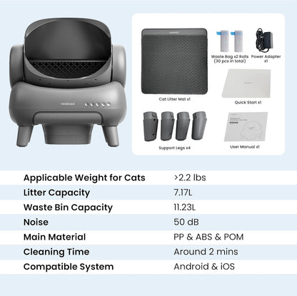 M1 plus Open-Top Self-Cleaning Cat Litter Box, Automatic Cat Litter Box with APP Control, Odor-Free Waste Disposal Includes Trash Bags