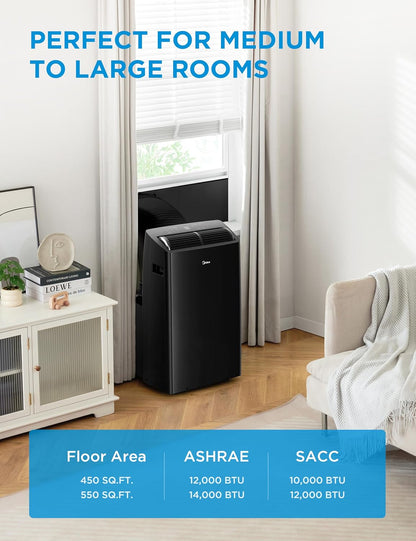 Duo 14,000 BTU (12,000 BTU SACC) HE Inverter Ultra Quiet Portable Air Conditioner, Cools up to 550 Sq. Ft, Works with Alexa/Google Assistant, Includes Remote Control & Window Kit, Black
